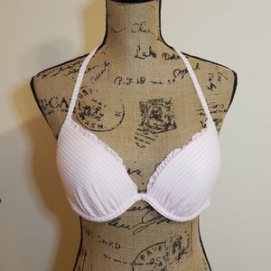 H&M Pink & White Striped Ruffle Halter Bikini Top Size 34C